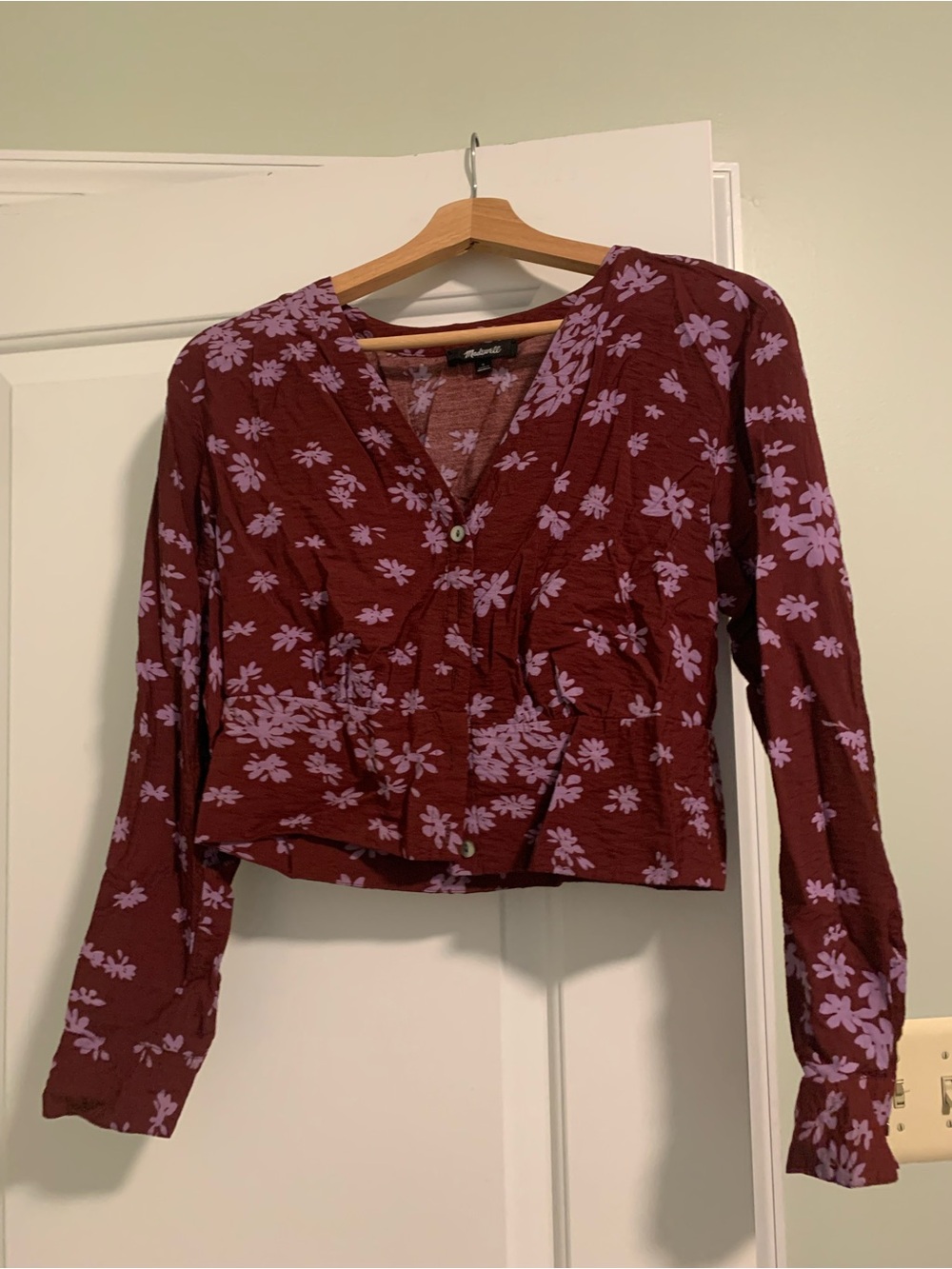 Madewell Burgundy Long-Sleeve V-Neck Top with Lilac Floral Print